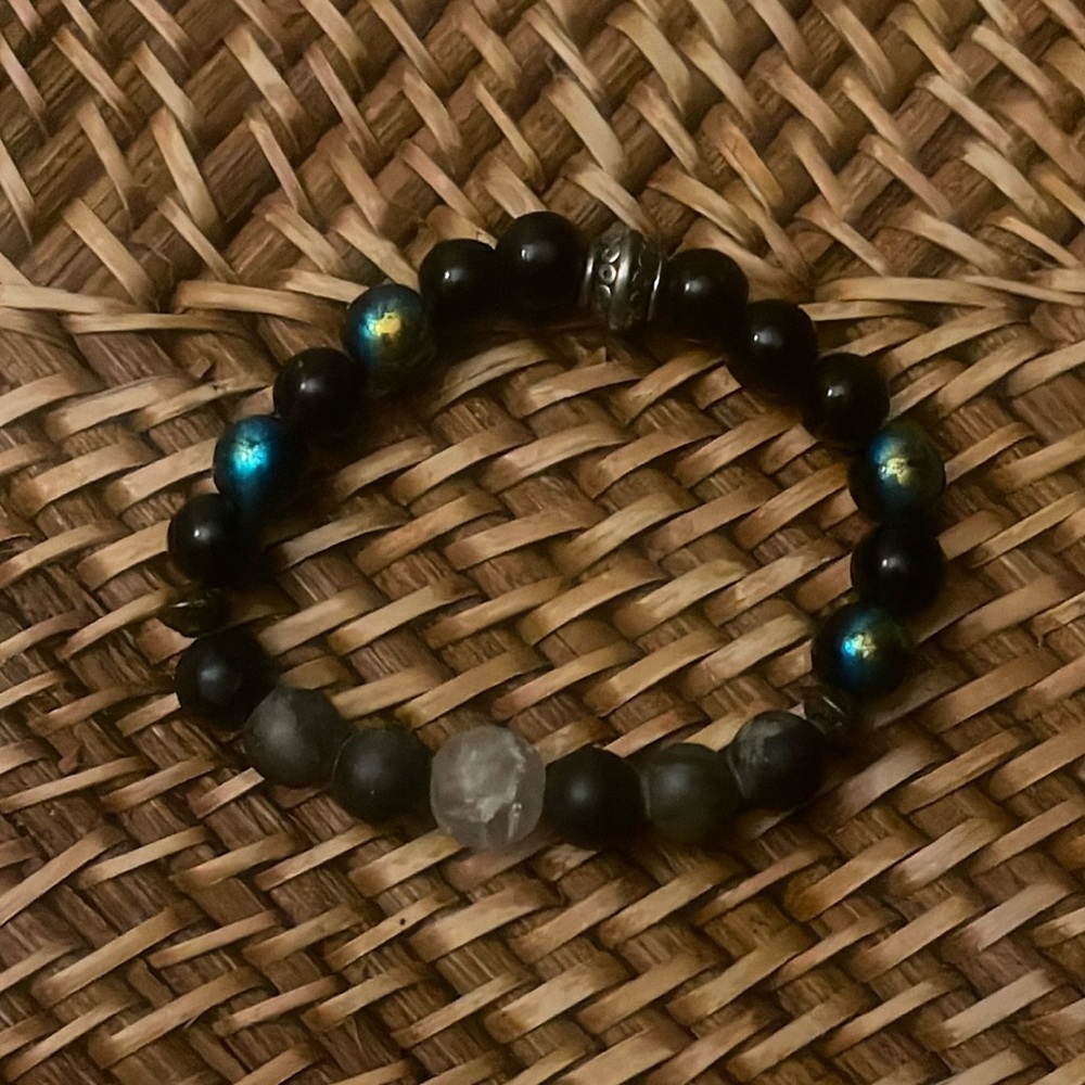 Vtg Black/Blue Glow Moonstone & Glass Bead Stretch Bracelet